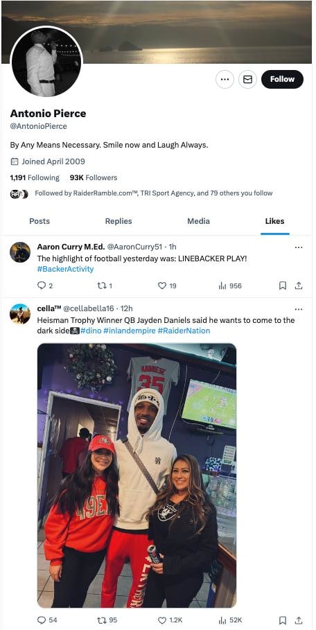Las Vegas Raiders coach Antonio Pierce likes a post about LSU QB Jayden Daniels landing with the franchise.